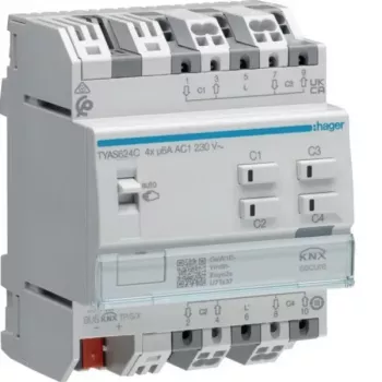 Atuador de estores/persianas KNX Secure Hager TYAS624C 4 canais, 230 V AC, calha DIN