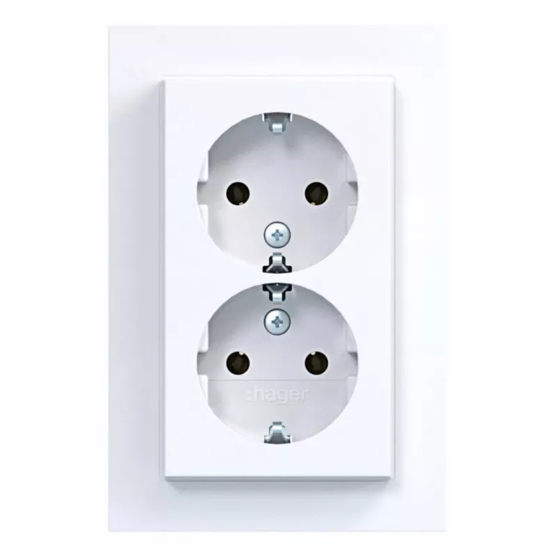 HAGER WAS2175WG Tomada dupla com placa de cobertura, Schuko, encastrar, branco polar