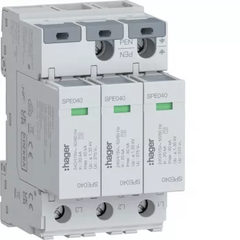 Dispositivo de proteção contra sobretensões Hager SPE340 Tipo 2, 3 polos, TNS/TT, 275V, 20kA, 40kA Imax
