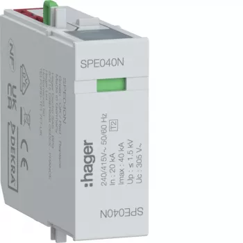 Módulo de proteção contra sobretensões Hager N-PE Tipo 2 SPD 255V 20kA/40kA 1,5kV SPE040N