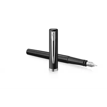 Caneta de tinta permanente Waterman Impression laca preta anel decorativo cromado bico fino tinta azul caixa de oferta 2225496