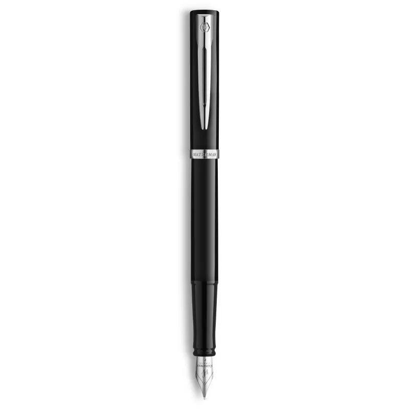 Caneta de tinta permanente Waterman Impression laca preta anel decorativo cromado bico fino tinta azul caixa de oferta 2225496