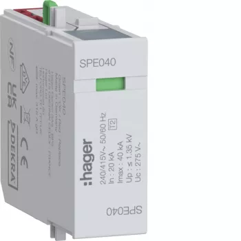 Hager SPE040 módulo de proteção contra sobretensões L-N Uc 275V In 20kA Imax 40kA Up 1,35kV