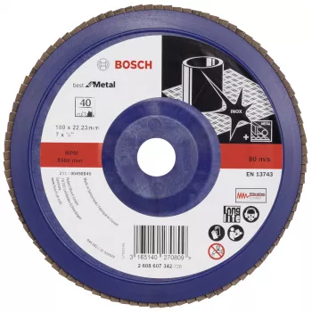 Disco de lixa de aba Bosch X571 Best for Metal, diâmetro 180 mm, furo 22,23 mm, corindo de zircónio, grão 40, 1 unid. 2608607342