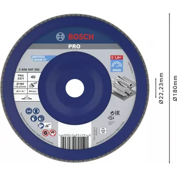 Disco de lixa de aba Bosch X571 Best for Metal, diâmetro 180 mm, furo 22,23 mm, corindo de zircónio, grão 40, 1 unid. 2608607342