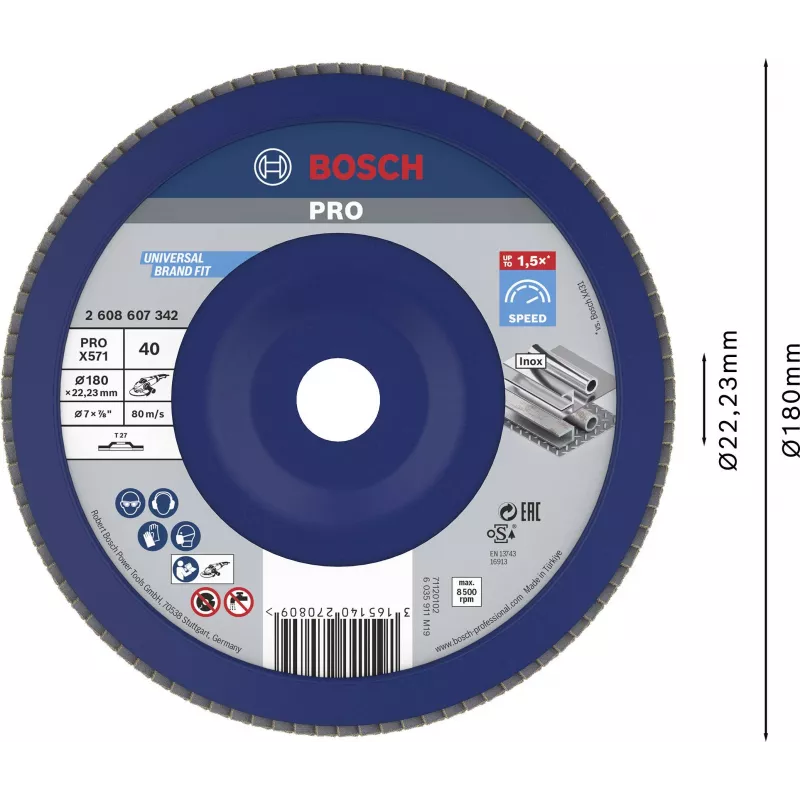 Disco de lixa de aba Bosch X571 Best for Metal, diâmetro 180 mm, furo 22,23 mm, corindo de zircónio, grão 40, 1 unid. 2608607342