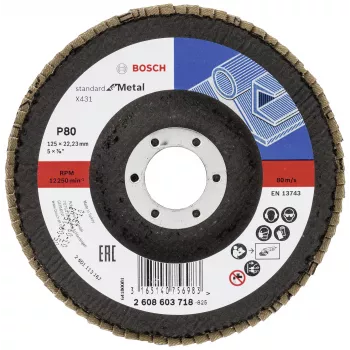 Bosch X431 Disco de lixa de rebarbar standard para metal, reto, 125 mm, grão 80, suporte de fibra de vidro 2608603718
