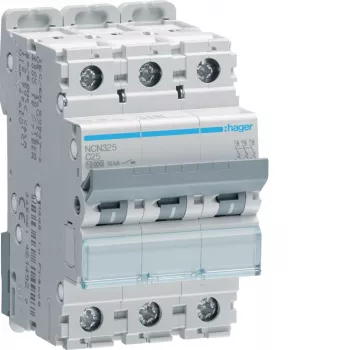 HAGER NCN325 disjuntor tripolar com característica C 25A, 10kA, 3 módulos