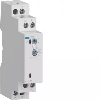 Hager EZF100 relé temporizador multifunções, 230V AC, 8 funções, 0,1s-10h, 1 contacto CO, calha DIN