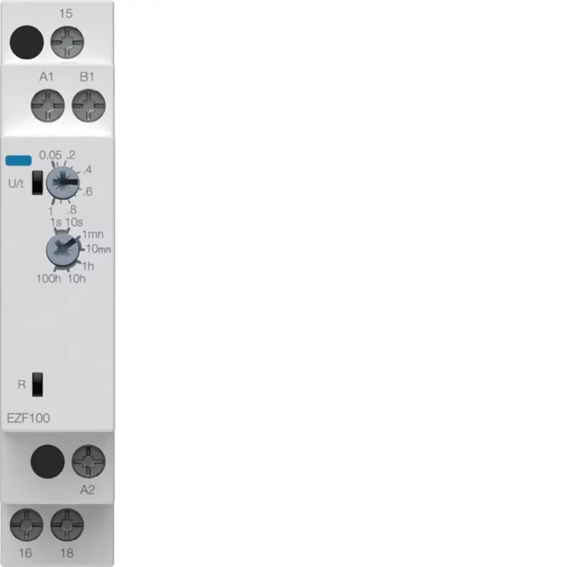 Hager EZF100 relé temporizador multifunções, 230V AC, 8 funções, 0,1s-10h, 1 contacto CO, calha DIN