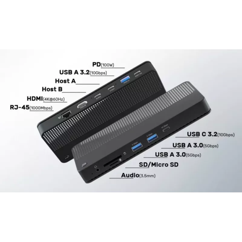 EXERTIS CONNECT Switch KVM com docking station, HDMI 4K Ultra HD, LAN, hub USB de 4 portas, áudio, leitor de cartões (061110)