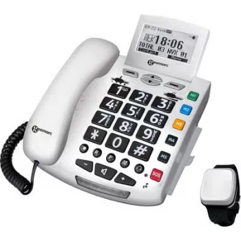 Telefone fixo para seniores Geemarc Pack SERENTIES com pingente de deteção de quedas, ecrã retroiluminado, branco