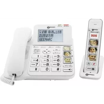 Telefone para seniores com fios Geemarc AMPLIDECT COMBI-PHOTO 295 com atendedor de chamadas, teclas com fotos, ecrã retroiluminado, branco