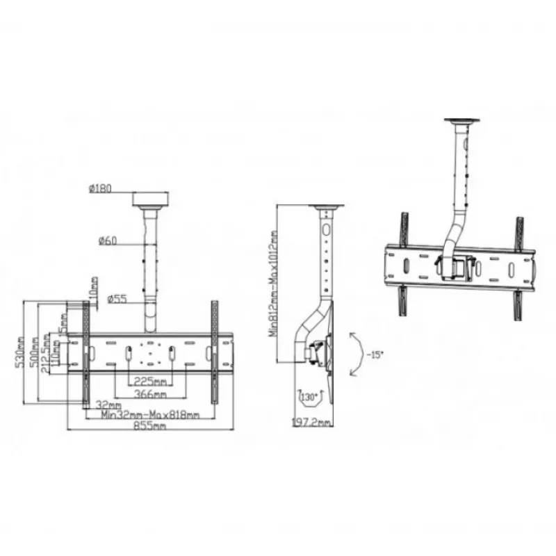 EXERTIS CONNECT Suporte de teto para ecrãs planos de 37-60 polegadas, VESA até 600x400, 80 kg, inclinação e rotação, preto 903231