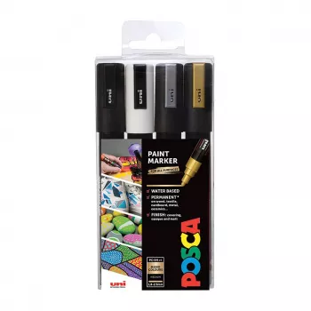 Uni-Ball Faber-Castell POSCA PC-5M conjunto de marcadores acrílicos metálicos, 4 cores, ponta redonda média 1,8-2,5 mm 182544