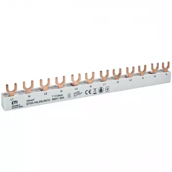 ETI 002921268 Barramento de cobre IZ10/L1NL2NL3N/12 para ETIMAT 1P+N, 690V, 63A, tipo garfo