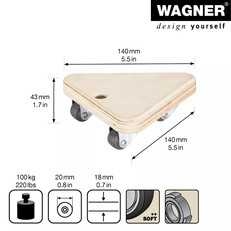 Wagner design yourself roda de transporte MM 1313 bétula 140 x 140 x 43 mm, 100 kg de carga, 4 rodas giratórias 20131301