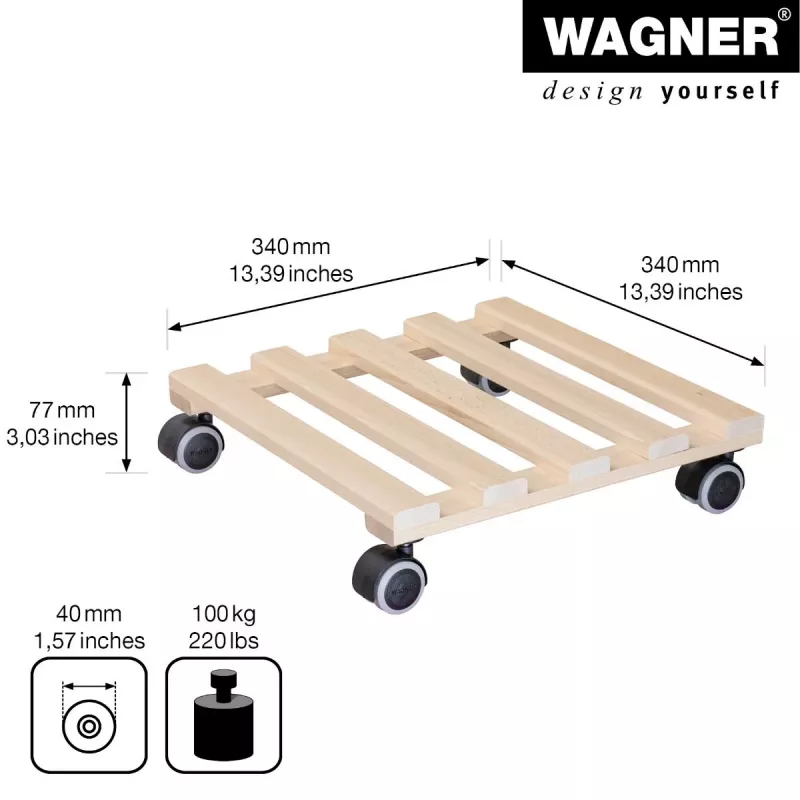 Wagner design yourself carrinho para plantas GH 0438, quadrado, madeira maciça de faia, 34 x 34 x 8 cm, 4 rodas giratórias, 100 kg de carga, natural, ajustável individualmente 20043801