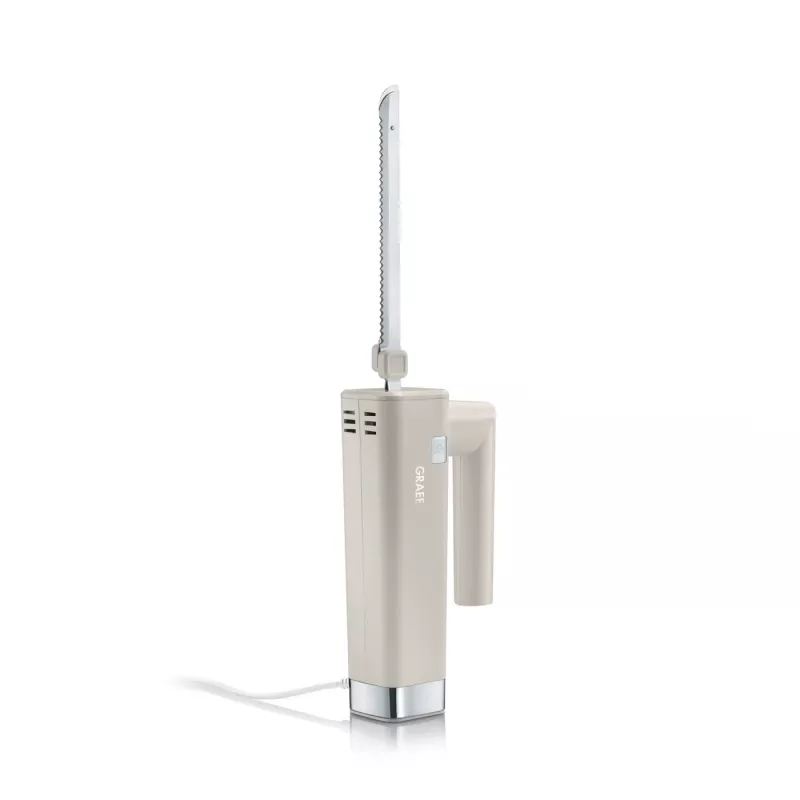 GRAEF EK508EU Faca elétrica 180 W lâminas de aço inoxidável, 2 lâminas serrilhadas, punho ergonómico, bloco de armazenamento em madeira, interruptor de segurança, cabo de 1,2 m, branco