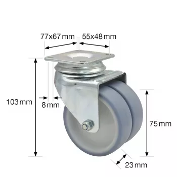 Wagner design yourself ECO RO 1577 Roda dupla giratória cinzenta, roda 50 mm, 50 kg de carga, fixação em placa 3157701