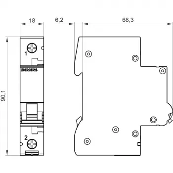 Siemens 5SL61026 SENTRON 5SL disjuntor, 1 polo, 2 A, curva C, poder de corte 6 kA, 230/400 V AC, montagem em calha DIN, 1 módulo de largura