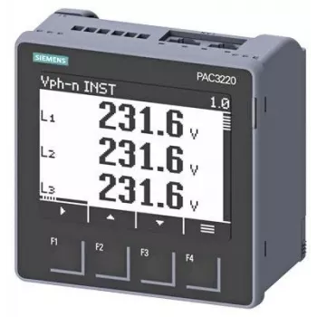 Siemens SENTRON PAC3220 Analisador de potência, Modbus TCP, LCD, 96x96mm montagem em painel, 690/400V AC, 24-60V DC tensão auxiliar, terminais de parafuso 7KM32201BA011EA0
