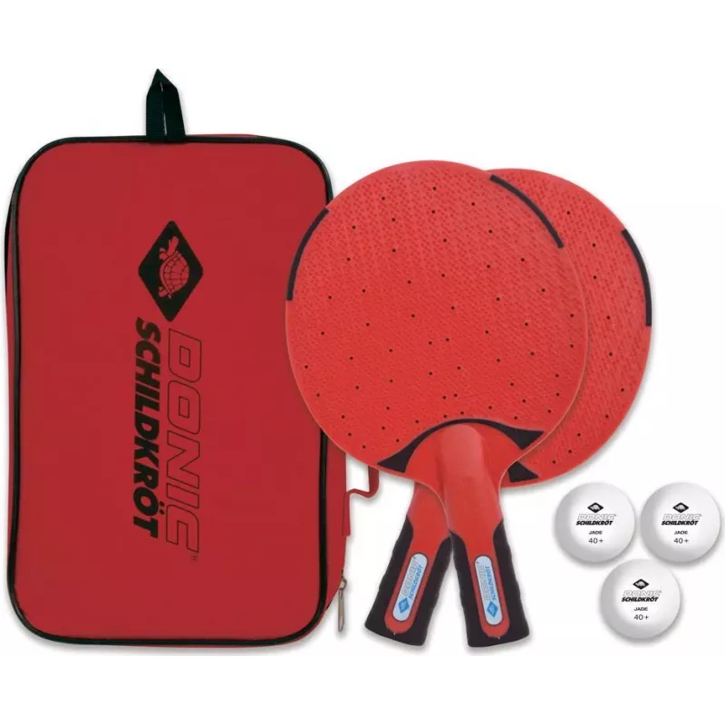 DONIC Schildkröt 788662 Conjunto de ténis de mesa - 2 raquetes, 3 bolas, rede - preto/vermelho