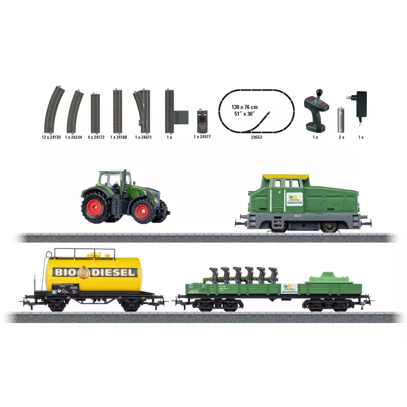 Märklin 29653 H0 conjunto inicial Agricultura – locomotiva a vapor digital BR 81 com som mfx+, Mobile Station 3, oval de via C, vagão com trator e fardos de feno