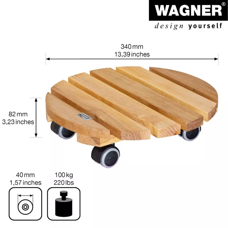 WAGNER Multiroller ERLE soft redondo Ø34cm Suporte com rodas para plantas, madeira maciça de amieiro, 100 kg, 3 rodas giratórias, protege o chão 20026201