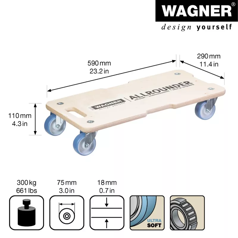 Wagner design yourself Roda de transporte MM 1325 bétula 590 x 290 x 110 mm até 300 kg (20132501)