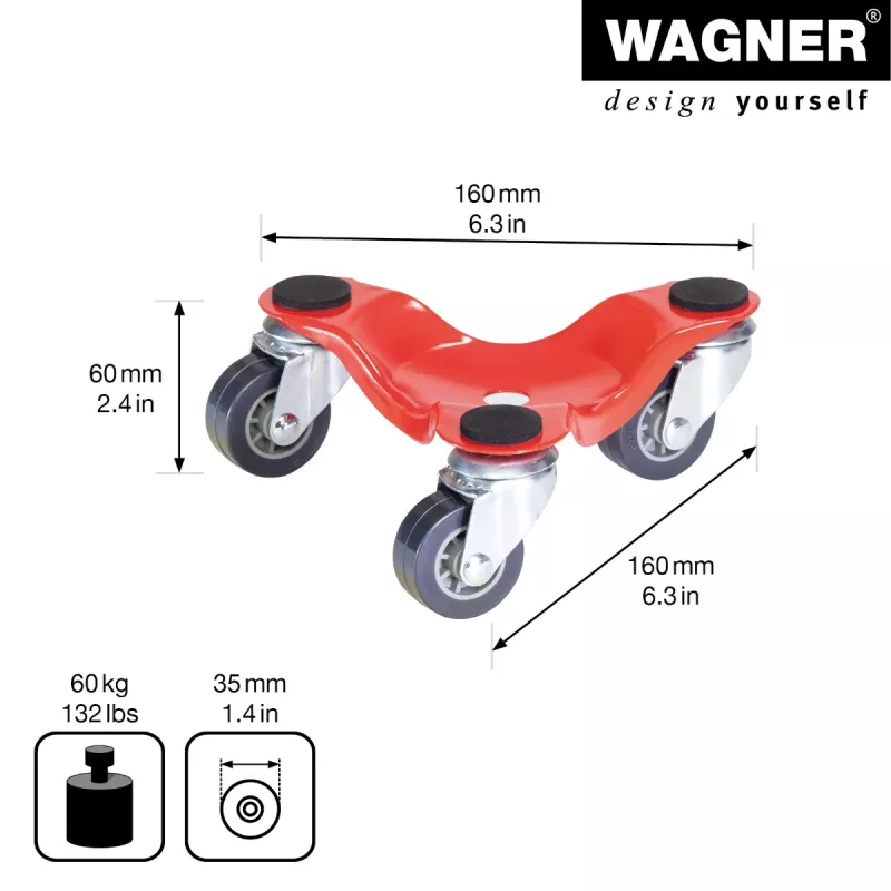 Wagner design yourself Roda de transporte MM 1193 vermelha 160 x 160 x 60 mm, 60 kg capacidade de carga, 4 rodas giratórias (20119301)