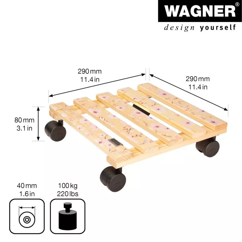 WAGNER design yourself suporte com rodas para plantas GH0646 motivo quadrado em madeira 29 x 8 cm 20064601