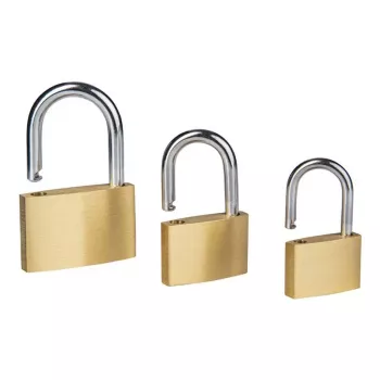 Conjunto de 3 cadeados BRÜDER MANNESMANN M413-03, corpo maciço em latão, arco curto de aço temperado, 3 chaves por cadeado