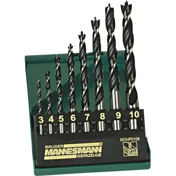 Brüder Mannesmann M54308 Conjunto de brocas para madeira, 8 peças, 3–10 mm, ponta de centrar, aço carbono, maleta de plástico