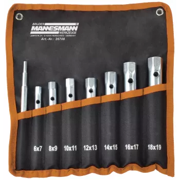 Brüder Mannesmann M26708 conjunto de chaves de caixa de 8 peças, aço cromo-vanádio, tamanhos 6x7 a 20x22 mm, DIN 896 forma B, em suporte de plástico