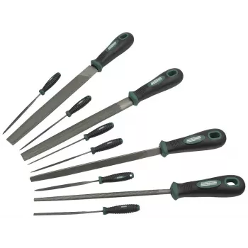 BRÜDER MANNESMANN GREEN LINE conjunto de limas de oficina de 10 peças, 200 mm, corte 2, com cabo e escova de arame, embalagem blister (M61015)