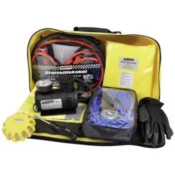 BRÜDER MANNESMANN Kit de emergência e avaria automóvel com triângulo de sinalização, colete refletor, kit de primeiros socorros, cabo de reboque, cabos de arranque, luvas de trabalho em bolsa de nylon amarelo néon (M01782)
