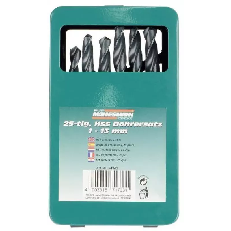 Brüder Mannesmann M54341 Jogo de brocas helicoidais HSS de 25 peças, 1-13 mm em mala metálica