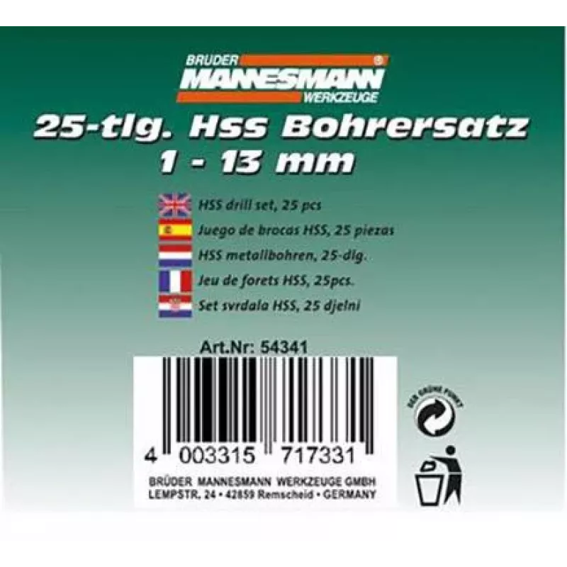 Brüder Mannesmann M54341 Jogo de brocas helicoidais HSS de 25 peças, 1-13 mm em mala metálica