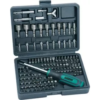 Conjunto de 122 chaves de fendas e bits BRÜDER MANNESMANN em mala de plástico, bits em aço cromo-vanádio, encaixe sextavado 1/4 polegadas, punhos ergonómicos, suporte de bits magnético, norma DIN M29896