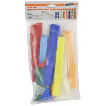 Conjunto de abraçadeiras e fechos de velcro BRÜDER MANNESMANN, 350 peças, 200 abraçadeiras 2,5 x 100 mm, várias cores, 150 fechos de velcro, reutilizáveis, gestão de cabos para interiores (M13060)