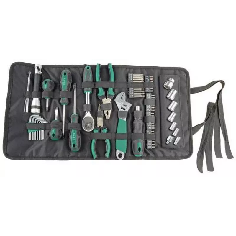 Conjunto de 65 ferramentas Brüder Mannesmann M21170 em bolsa têxtil, aço cromo-vanádio, preto/verde