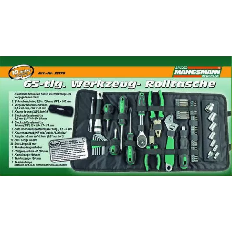 Conjunto de 65 ferramentas Brüder Mannesmann M21170 em bolsa têxtil, aço cromo-vanádio, preto/verde