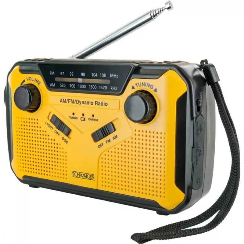 Rádio de exterior Schwaiger FM/AM com manivela e solar, resistente a salpicos e a choques, com lanterna amarelo/preto (RADK0001)