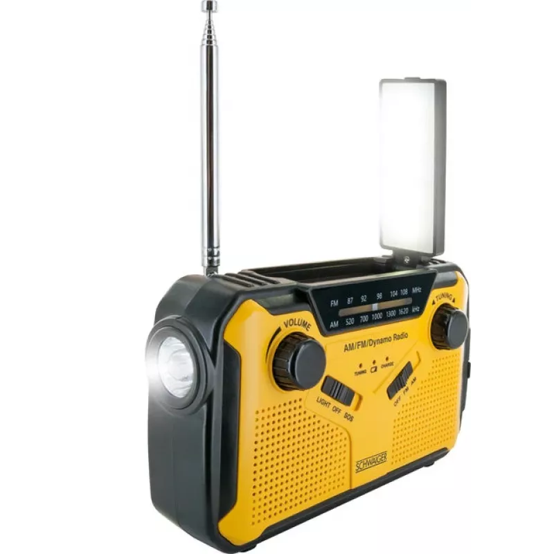 Rádio de exterior Schwaiger FM/AM com manivela e solar, resistente a salpicos e a choques, com lanterna amarelo/preto (RADK0001)