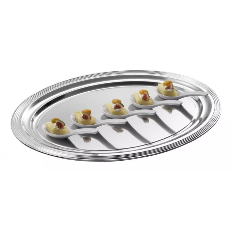 Travessa de servir retangular APS CLASSIC 460x340mm prateada niquelada e cromada metal com linhas