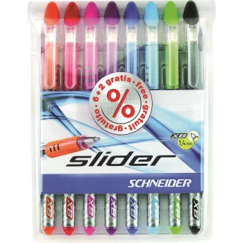 Schneider Slider Basic conjunto de esferográficas - 8 cores diferentes, ponta extralarga de 1,4 mm, tecnologia Viscoglide, zona de pega ergonómica emborrachada, clip em aço inoxidável 151298