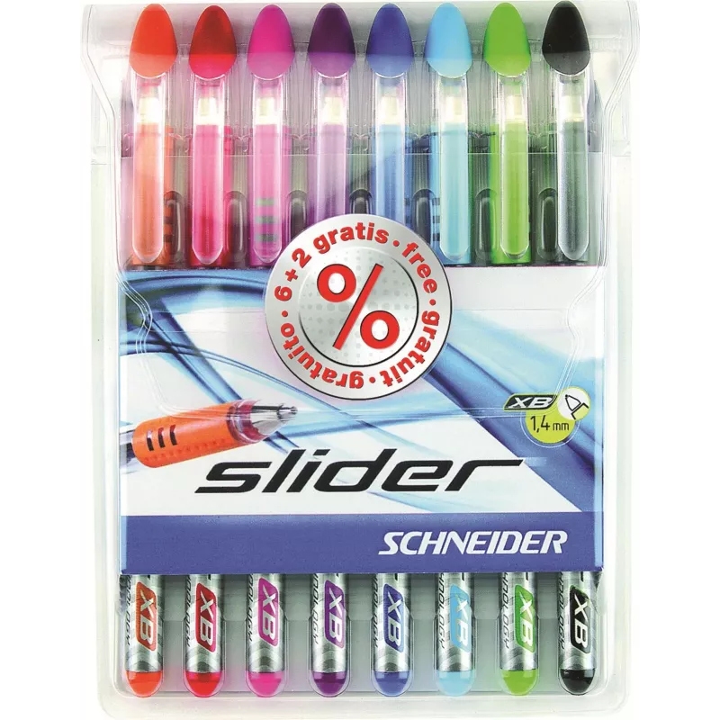 Schneider Slider Basic conjunto de esferográficas - 8 cores diferentes, ponta extralarga de 1,4 mm, tecnologia Viscoglide, zona de pega ergonómica emborrachada, clip em aço inoxidável 151298
