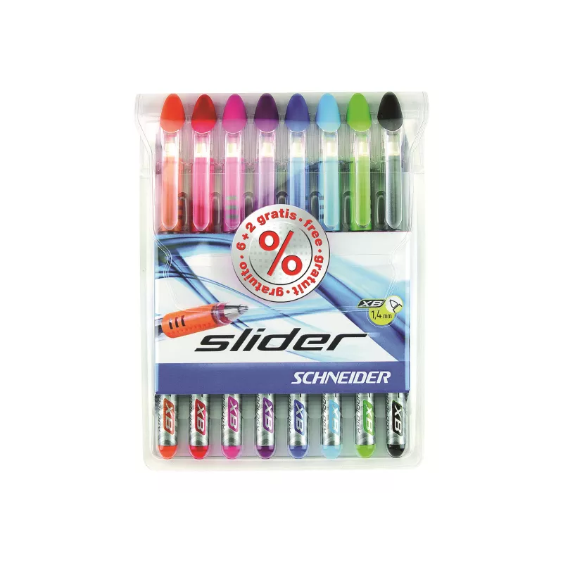 Schneider Slider Basic conjunto de esferográficas - 8 cores diferentes, ponta extralarga de 1,4 mm, tecnologia Viscoglide, zona de pega ergonómica emborrachada, clip em aço inoxidável 151298