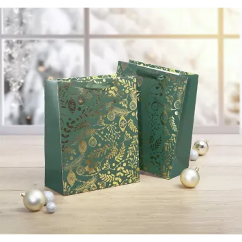 SIGEL GT118 sacos de presente, ornamentos dourados sobre verde, 26 x 32 cm, pack de 5